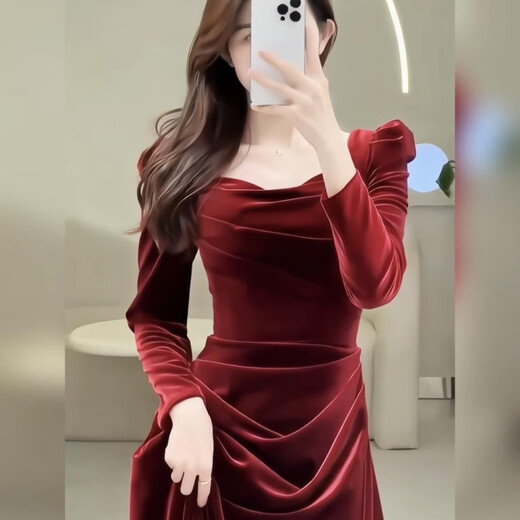 Long-sleeved square neck toast dress for brides new velvet fishtail dress spring engagement party dressing gown dress burgundy_length 140 cm L