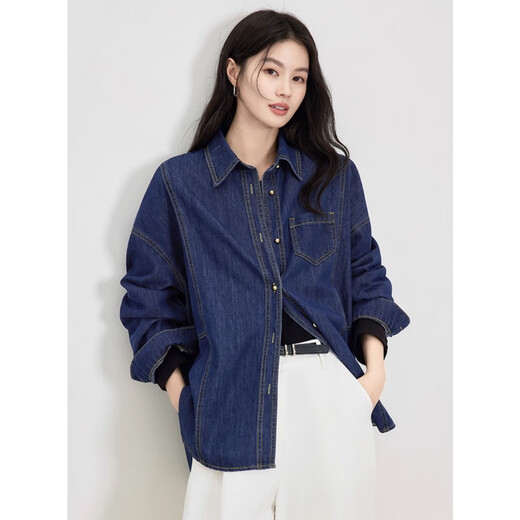 Jingdomeng Dujuan Same Style Dark Blue Denim Shirt Women's 2026 Spring New Lazy Loose Slim Casual Fashion Jacket Dark Blue One Size (120Jin Jin is equal to within 0.5 kg)