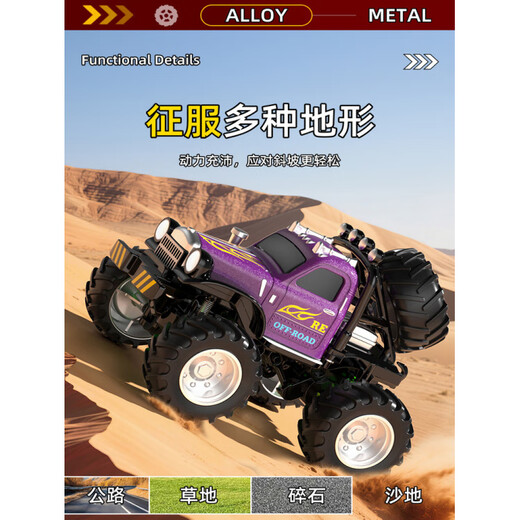 桌面RC迷你合金短卡遥控车越野大脚车1:64电动儿童玩具男孩皮卡车 迷你合金-灯光越野大脚车【蓝色】避震+定速巡航+三 官方标配