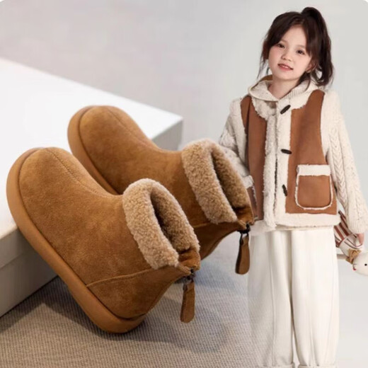 Girls' boots 2025 winter new snow boots children's short boots autumn and winter big children's shoes plus velvet cotton shoes Martin boots camel size 29/inner length 18cm