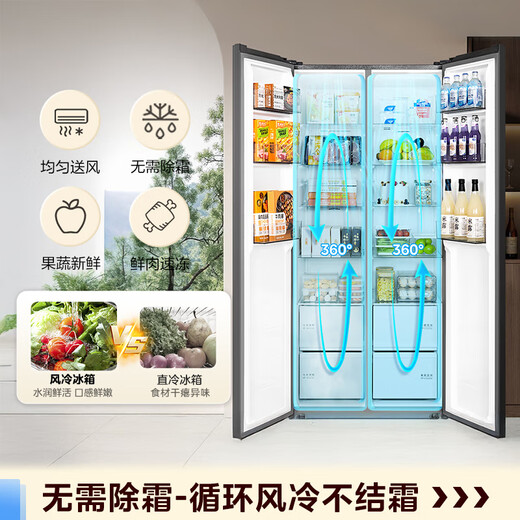 Midea 606-liter side-by-side refrigerator, first-class energy efficiency air-cooled, frost-free and odor-free, dual-frequency conversion, ultra-large capacity, large freezer BCD-606WKPM(E) national subsidy
