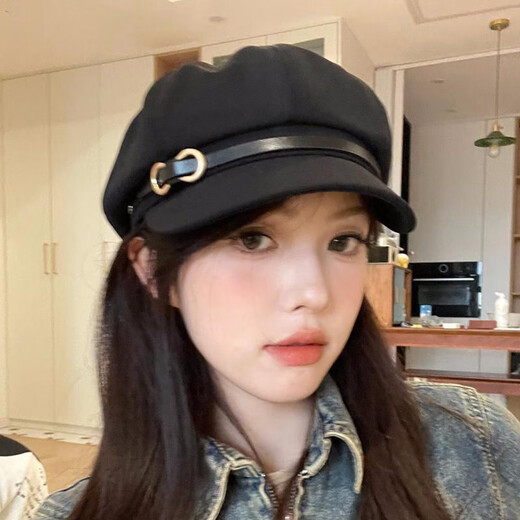 Jin Jin is equal to 0.5 kg Mu Beret Women's 2025 Autumn and Winter New Japanese Retro Newsboy Hat Versatile Big Head Circumference Painter Octagonal Navy Hat Black One Size Brim Leather