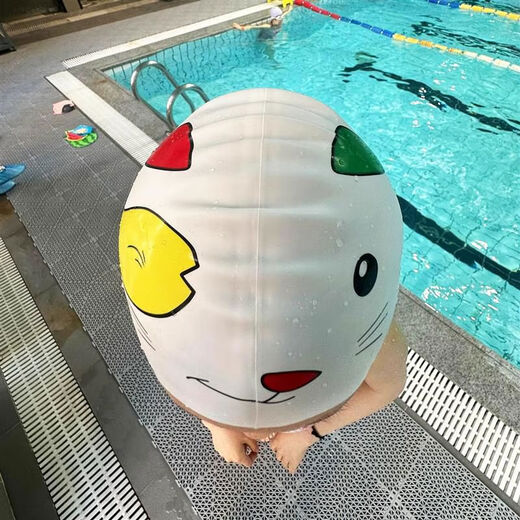 Cute little monster silicone swimming cap for women with long hair, waterproof, oversized, high-elasticity and good-looking swimming cap set, Kuromi swimming cap + white anti-fog swimming goggles + pink nose clip earplugs