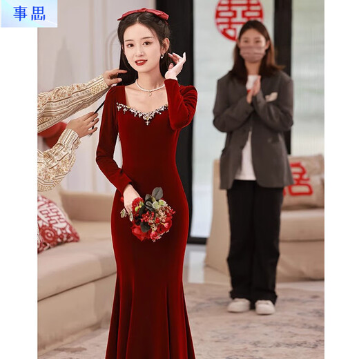 Sisi Velvet Fishtail Bridal Toast Wear High-End Light Luxurious Red Dress Feminine Slim Winter Long Sleeve Annual Party Burgundy S