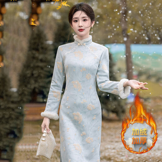 Blue elegant lady style plush collar cheongsam winter style waist reduction age-reducing warm plus velvet new Chinese style dress blue 2XL (125-135Jin Jin is equal to 0.5kg)