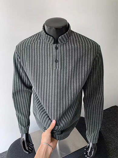 Yingtang sweatshirt men's spring and autumn American Henry collar heavy striped bottoming shirt loose casual jacket YZXS-CT04 white M