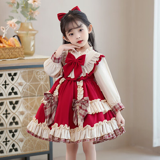 Lolita girls princess dress winter children autumn and winter skirt little girl winter dress plus velvet 2025 new style 2355 red plus velvet 150