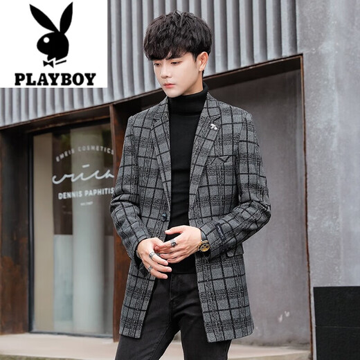 Playboy (PLAYBOY) Men's Suit Mid-Length Windbreaker Jacket Spring and Autumn Slim Woolen Suit Top Youth Trendy Woolen Coat Dark Plaid 2XL