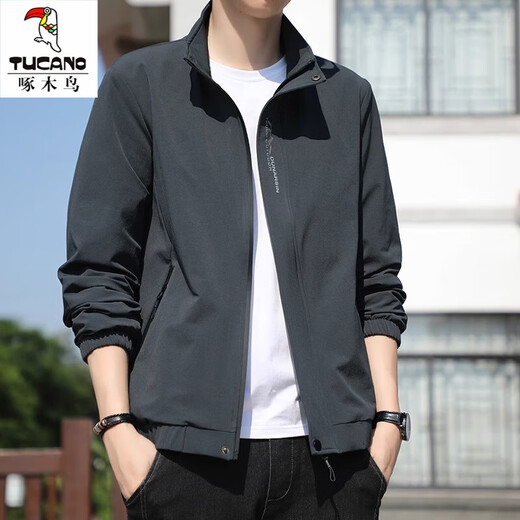 Woodpecker Jacket Men's 2025 Autumn and Winter Loose Business Casual Versatile Jacket Men's Teen Trendy Jacket Jacket Men's Dark Gray XL Recommended 130-150Jin Jin equals 0.5 kg