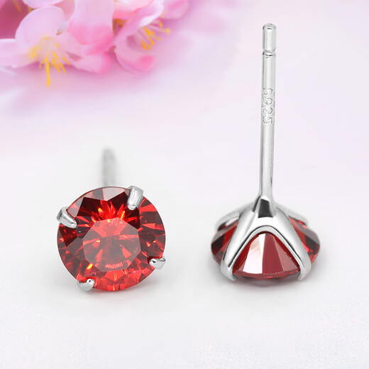 Lao Fengxiang sterling silver 925 four-claw zircon earrings for women, extremely simple ins crystal birthstone ear piercing earrings, white earrings, July, fiery love, ruby red zirconium 7mm