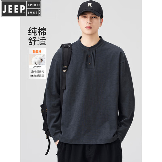 JEEP SPIRIT fashionable and versatile Henry collar skin-friendly cotton long-sleeved T-shirt men's spring and autumn new loose casual bottoming shirt sweatshirt jacket dark gray L