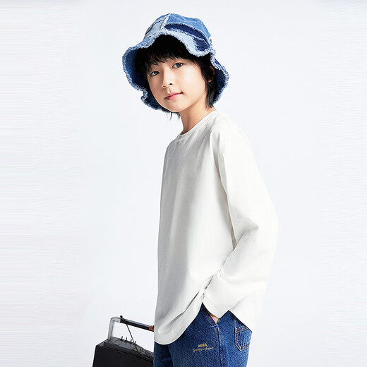 安奈儿速干小白T男女童长袖T恤针织衫2025新款宽松弹力抑菌亲子装 米白 110