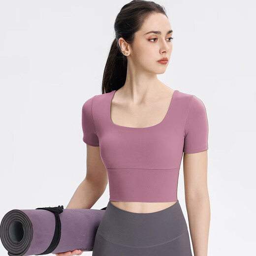 Yoga wear with chest pad for women, fashionable running sports top, short-sleeved fixed cup, Pilates training fitness wear, bean paste purple XL