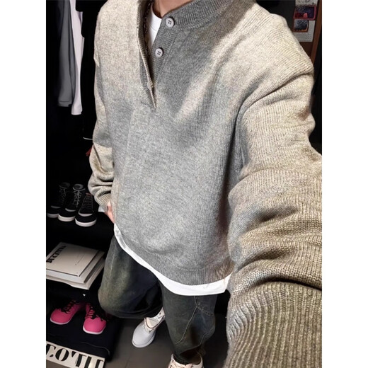 Gray sweater large size henley collar sweater men's lazy style inner base sweater jacket gray regular L