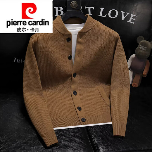 Pierre Cardin 2025 Autumn and Winter New Solid Color Stand Collar Knitted Cardigan Jacket Men's Off-Duty Versatile Sweater Henry Collar Sweater Trendy Caramel Color M 100-115Jin Jin is equal to 0.5 kg
