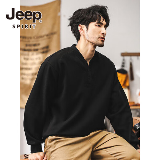 JEEP SPIRIT Jeep retro sweatshirt men's autumn trendy Henry collar half cardigan jacket men's spring and autumn long-sleeved POLO shirt men's black 350g heavyweight XL suitable for 145-160Jin Jin equals 0.5 kg