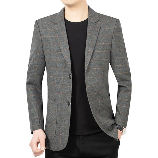 Men's Spring and Autumn Suit Middle-aged Men's Casual Plaid Casual Clothes Single Suit Dad's Loose Iron-Free Jacket Gray 2105 XL 180 135-150Jin Jin equals 0.5 kg