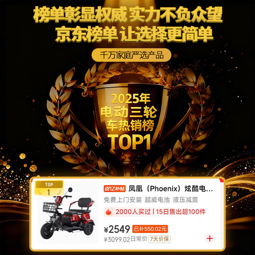 Phoenix (Phoenix) cool electric tricycle household small elderly walking electric vehicle tricycle elderly leisure battery car 600W丨48V20A lead-acid + battery life about 40 kilometers