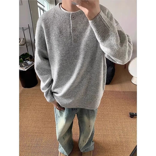 KLDPUSM-8XL large size Henry collar sweater for men in winter lazy high-end long-sleeved men's inner base sweater gray XL