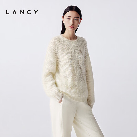 LANCY mohair silk winter new style relaxed cable knit sweater women's round neck off-shoulder sweater off-white XL