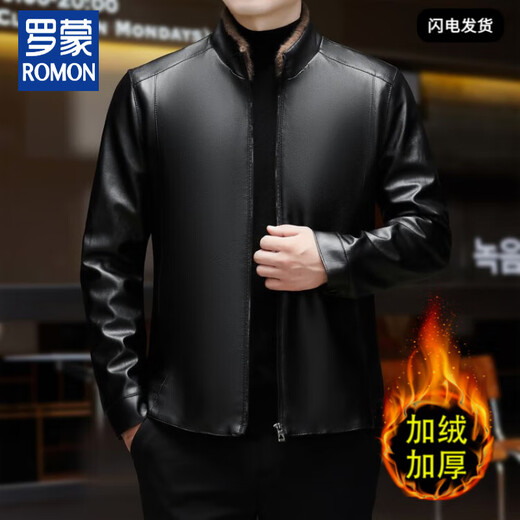 Luo Meng autumn and winter anti-genuine leather jacket for middle-aged men with velvet and thickened soft leather jacket for dad, warm, comfortable and versatile top, black L 50