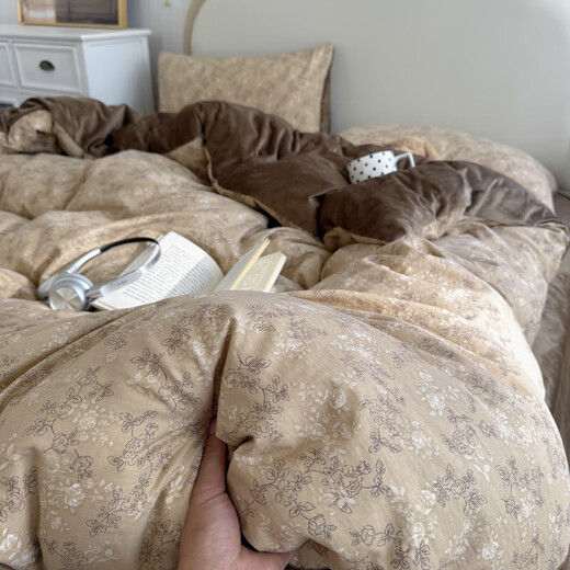 Yalu double-layer gauze washed cotton plus velvet bed four-piece set autumn and winter milk velvet quilt cover sheet bedding three-piece set Zhiqiu A side double layer gauze B side baby velvet 1.8m bed sheet style four-piece set (quilt cover 200*230cm)