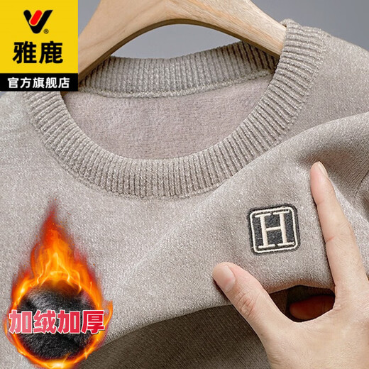 Yalu autumn and winter sweater men's round neck one-piece velvet jacket plus velvet thickened chenille warm embroidered sweatshirt bottoming shirt black plus velvet XL recommended 140-160Jin Jin equals 0.5 kg