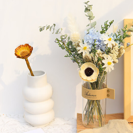 High-end dried flower bouquet, real flowers, immortal flowers, living room decorations, coffee table, entrance hall, bedroom, light luxury decoration, simple setting sun, broken dreams + leather vase
