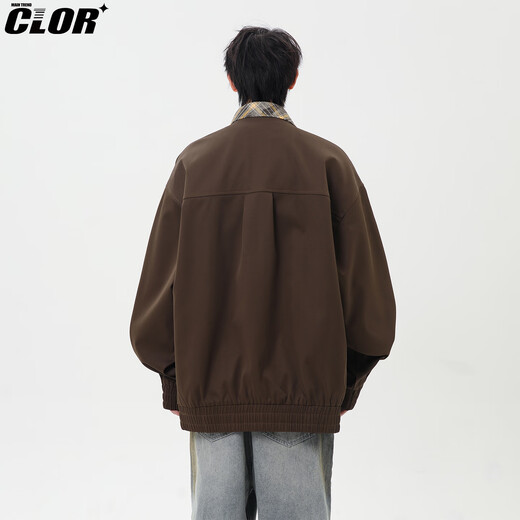 CLOR fake two-piece jacket men's autumn and winter style handsome casual all-match plaid lapel boys jacket JK11 brown XL