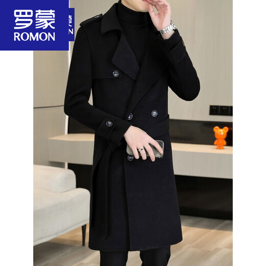 ROMON woolen coat men's mid-length handsome belt slim cashmere woolen coat wool double-sided woolen windbreaker black. M 170 recommended 90-110 Jin Jin equals 0.5 kg