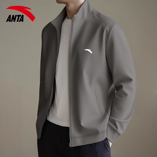 ANTA Soft Shell Sports Jacket Men's 2025 Autumn and Winter New Stand Collar Cardigan Loose Zipper Jacket Sports Casual Wear Top -3 Dusty Gray Regular Style L Suitable for 120-140 Jin Jin equals 0.5 kg