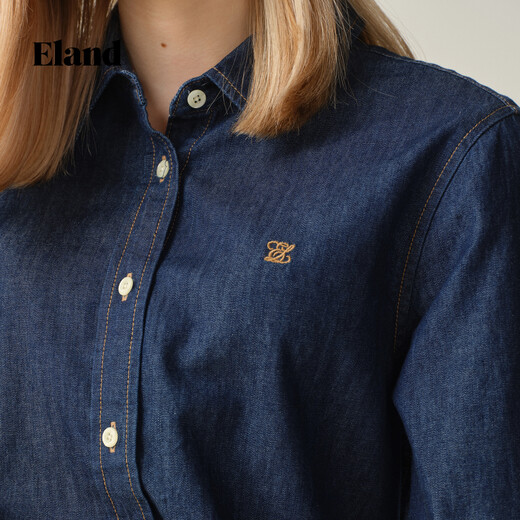 ELAND Shirt Women's Old Money Style Right Shoulder Small Lapel Denim Shirt Top 2025 Autumn Dark Denim Color 160