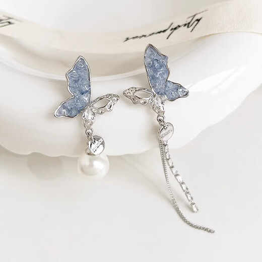Orange Central Asymmetric Butterfly Tassel Ear Clip Women's Niche Unique Fairy No Piercing Earrings Pearl Earrings High-end Earrings