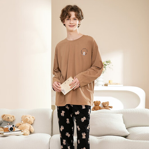 Fenton Couple Cotton Pajamas Women's New Breathable Fashionable Round Neck Can Be Weared Outside Men's Home Clothing Suit Khaki (Male) L