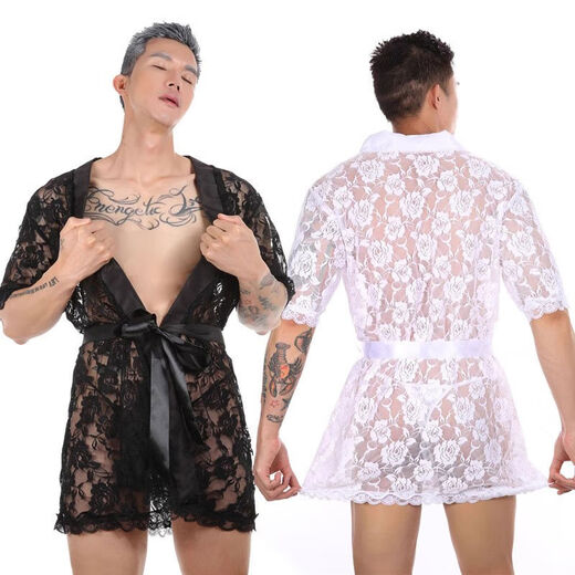 Jimujia Lace Floral Bathrobe Men's Sexy Transparent Mid-Length Pajamas Lace-up Bath Skirt Home Clothes Nightgown 1 piece black + 1 piece white + 2 pairs of thongs included 165-170M