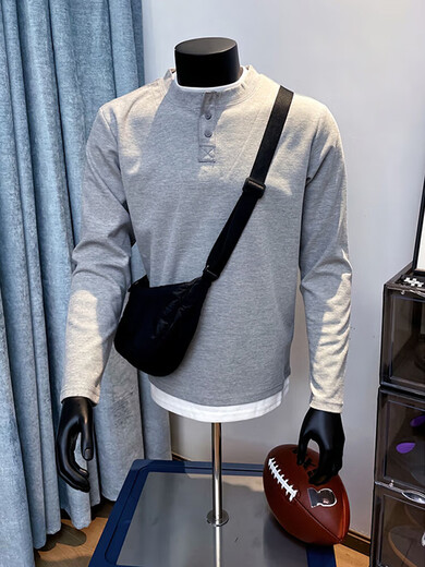 Waffle muscle henley long-sleeved t-shirt men's American cleanfit sweatshirt fake two-piece inner layering shirt black quality upgrade recommendation index S collection priority b