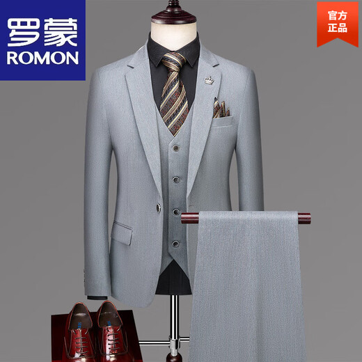 ROMON suit men's high-end suit business casual professional fit-fitting trendy no-iron anti-wrinkle three-piece dress light gray-15 2XL