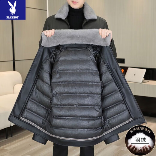 Playboy (PLAYBOY) down jacket with removable lining, PU leather jacket for men, thickened cold-proof jacket, winter casual plus velvet leather jacket for dad, black, removable lining, 90 velvet, M 170