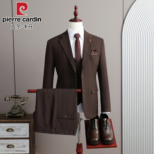 Pierre Cardin high-end striped suit suit men's slim casual groom wedding dress men's two-button large size thick suit dark brown one-piece suit free tie XL (125-135Jin Jin equals 0.5 kg)