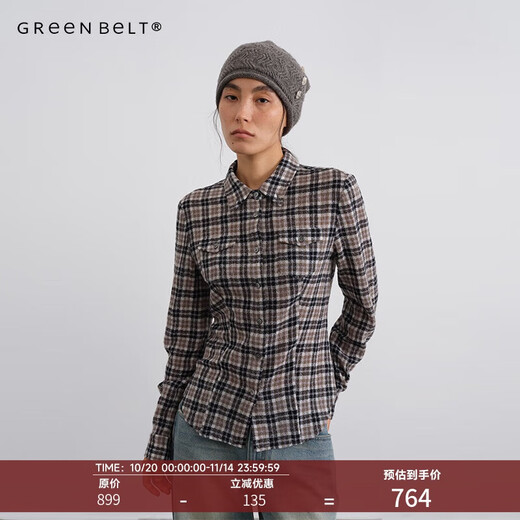 GREEN BELT full wool contrasting color patchwork waist plaid shirt for women 2025 winter casual slim long-sleeved top