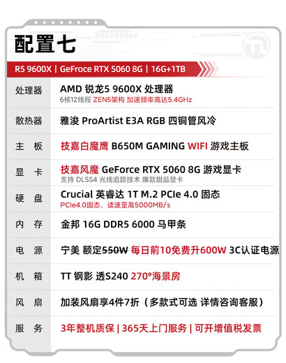 Ningmei AMD R5 9600X/RTX5060/7650GRE graphics card e-sports gaming desktop computer host design rendering DIY assembly computer assembly machine 9600X+RTX5060 | Configuration seven