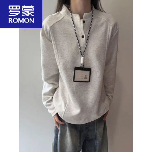 ROMON POLO shirt Henry collar long-sleeved T-shirt for men in autumn deconstructed splicing design right shoulder bottoming shirt autumn sweatshirt trend white gray M (90-120Jin Jin equals 0.5 kg)