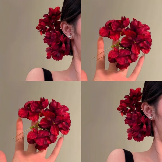Autumn and winter retro fabric flower hairpin for women, elegant temperament, high-end hairpin, sweet niche atmosphere hairpin for women, hairpin - red