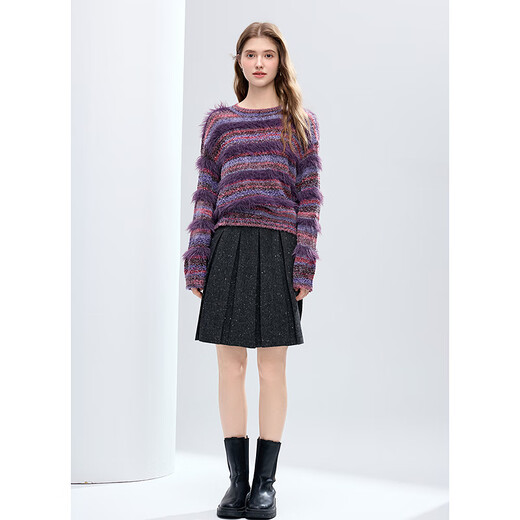 Betu Women's 2025 Winter New Sweater Round Neck Gradient Stripe Plush Decoration Slim Top Women 2511T43 Dark Purple M