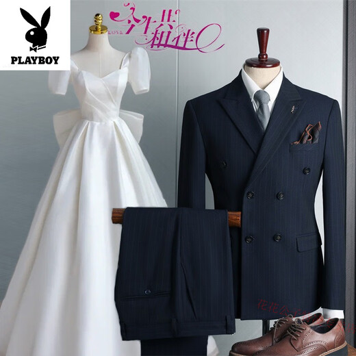 Playboy Suit Men's Double Breasted Business Casual Stretch Suit Three Piece Groom Wedding Dress Double Striped Black (Top + Pants + Vest) Free Shirt + Tie + Leather 2XL Weight (153-165Jin Jin is equal to 0.5kg)