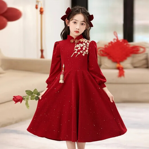 Girls Dresses Winter Girls Autumn and Winter Chinese Style Dresses for Big Children Red New Year's Eve Dresses for Little Girls - Red Raw Edge Cheongsam Dress 120 cm