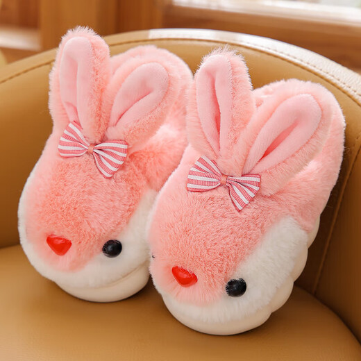 Pdmcms girls cotton slippers autumn and winter cute three-dimensional rabbit plush home shoes children's thickened warm anti-slip slippers for girls girls cute warm cotton slippers pink rabbit size 30-31 inner length about 19cm/suitable for 5-7 years old