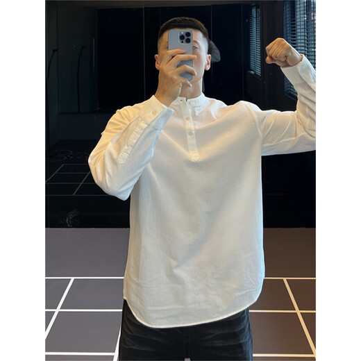 IRONTRAP pure cotton Henry collar loose Japanese shirt men's daily commuting shirt arc hem long sleeve autumn and winter white M