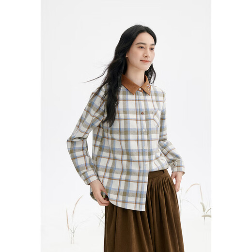 Birds and New Wine Embroidered Lapel Contrast Color Long Sleeve Shirt Women's 2025 Winter New Style Loose Plaid Top Plaid Light Blue HMH02 S