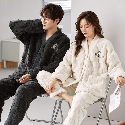 Langsha Couple Pajamas Autumn and Winter Coral Velvet Plus Velvet Thickened Men and Women Warm and Wearable Cartoon Home 2-piece Set Line Bear L Women's Style